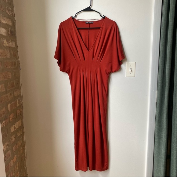 Zara Terracotta Rust V-Neck Dress midi size medium - Picture 1 of 7